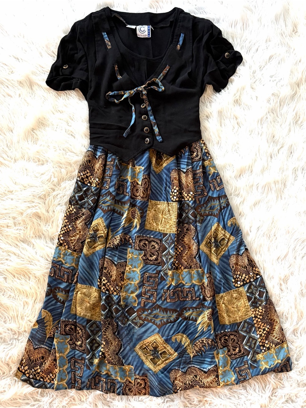 Vintage 90s Clio Petites Faux Corset Midi Dress Blue Gold Patchwork Print 10P